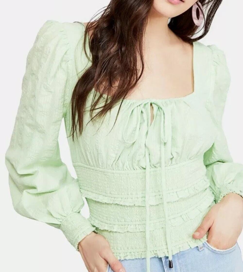 Free People Lolita Blouse Top Puff Long Sleeve Smocked Cotton Green Size Small